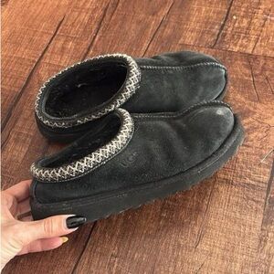 UGG Charcoal Suede Slip-Ons with Patterned Trim